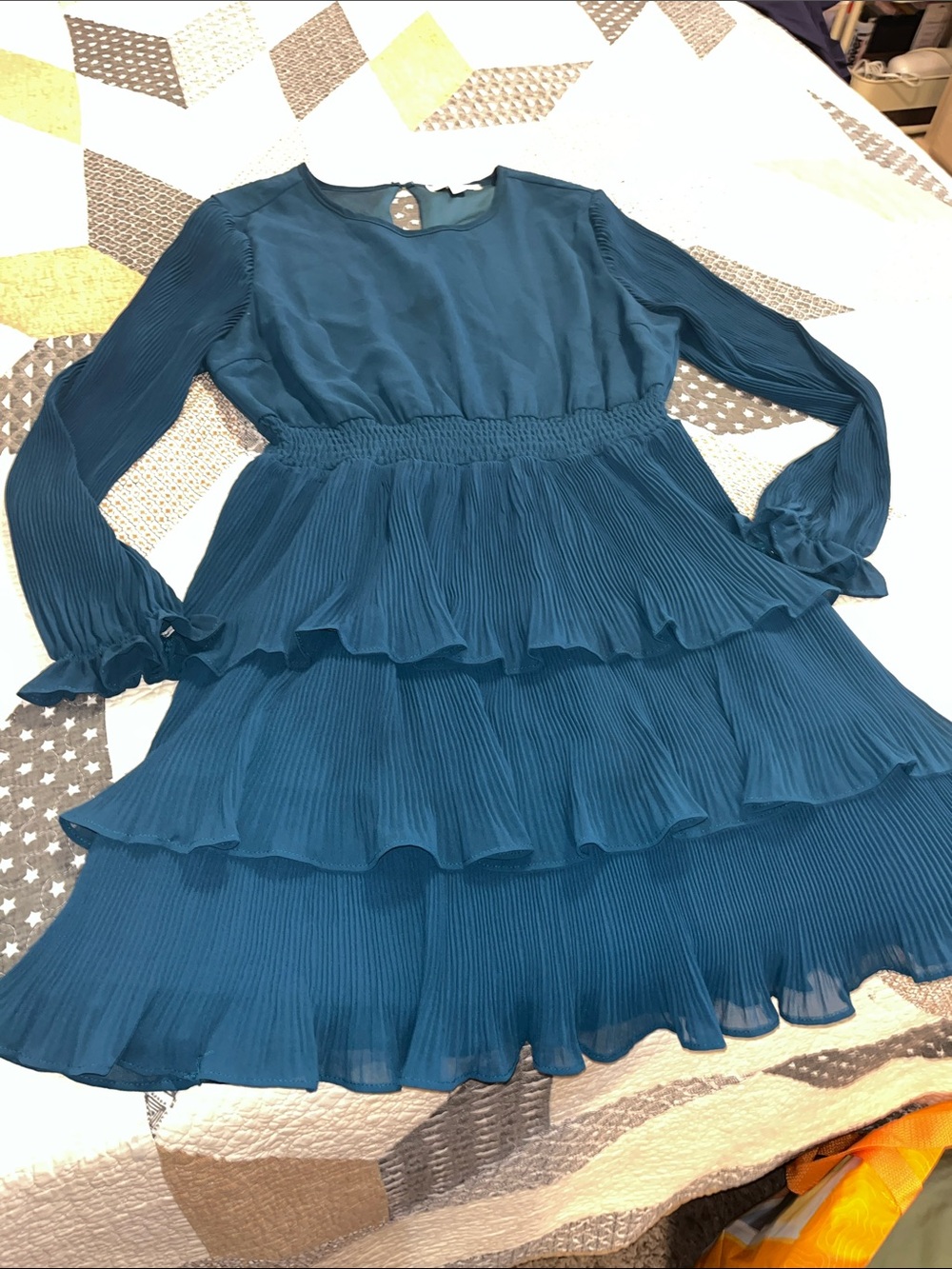 She + Sky Teal Tiered Pleated Mini Dress